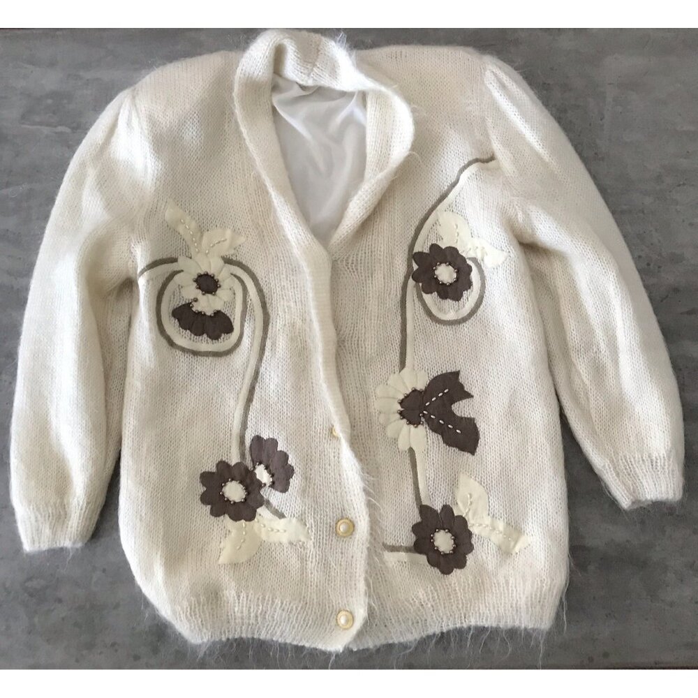 Vintage Sweater Womens Large Cardigan Mohair Pearls Cream Brown Handknit Granny